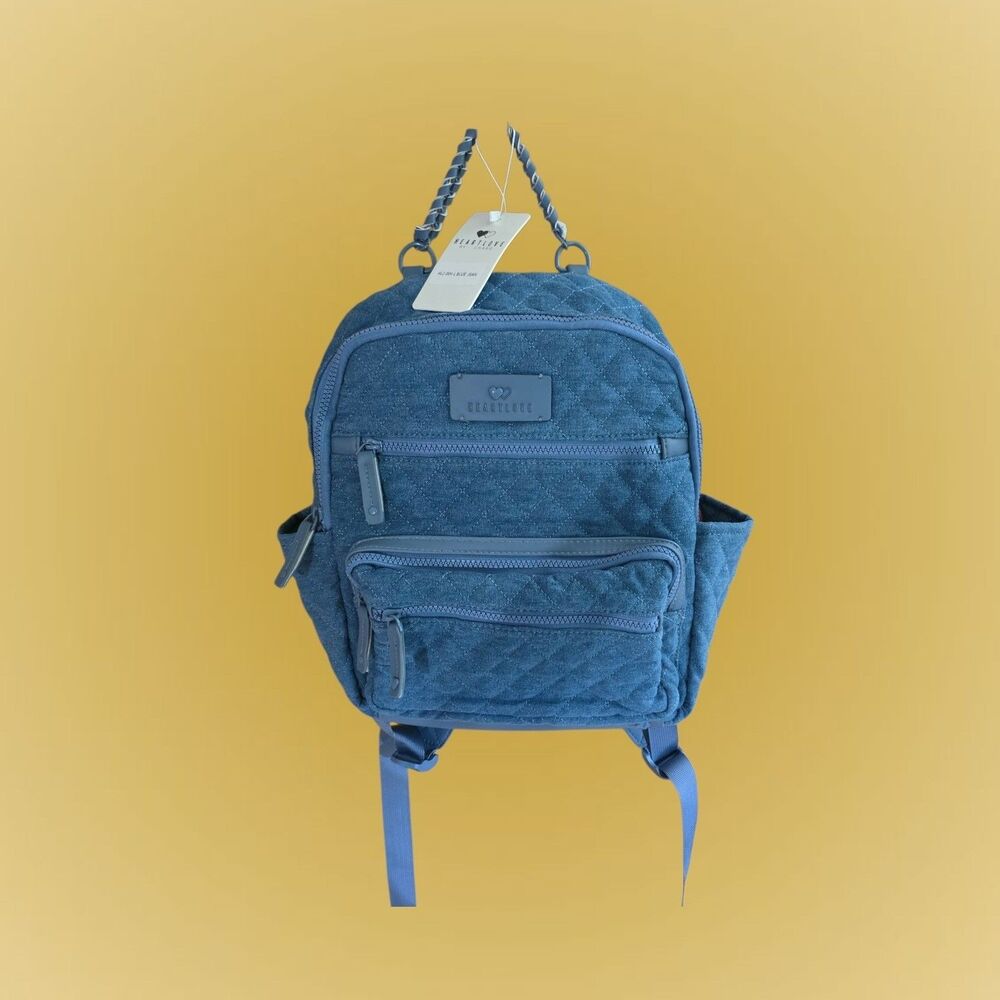 Heartlove by Charo Blue Denim Quilted Diamond Zipper Backpack Exterior Pockets